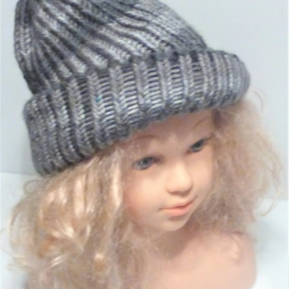 Hand Knitted WOMAN'S TOQUE Grey & Black Winter Hat Vintage Style Hat Girl's Hat